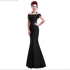 Black off-the-shoulder formal lace dress